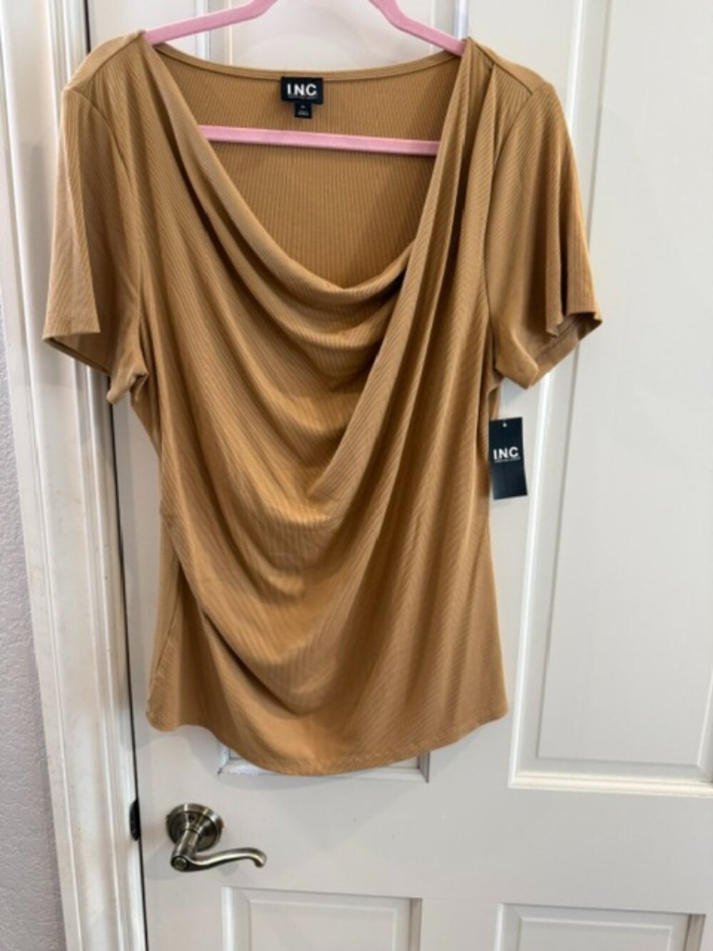 INC International Concepts Women's XL Gold Cowl Neck Ribbed Knit Top NWT